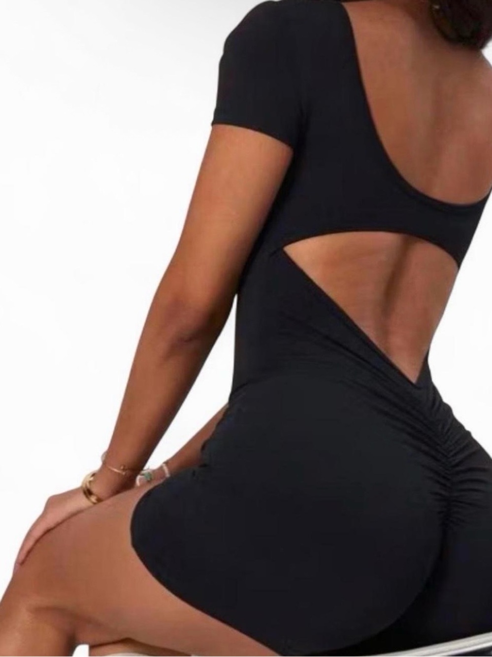 Sleek Black Backless Short Sleeve Bodycon Dress